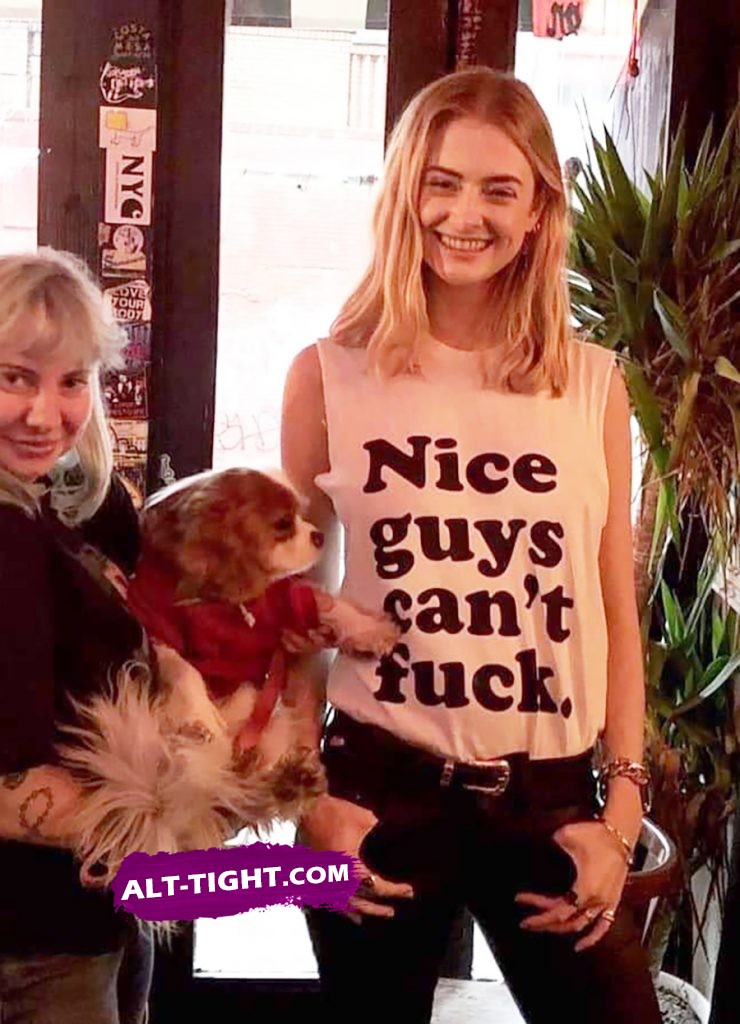 Hot slut poses with a nice guys can't fuck message on her white shirt Funny slut with a nice guys can't fuck written on her white shirt