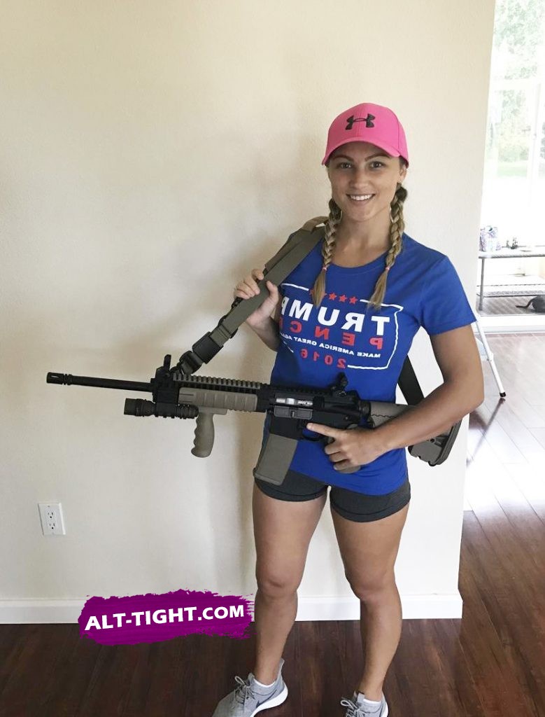 Sexy girl posing with her weapon and wearing a Trump t-shirt Hot Trump supporter poses with an automatic weapon