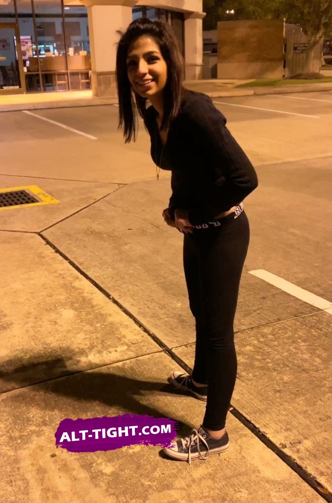 Hot girl poses for voyeur after she realizes he pictured her naked ass peeing on street Smiling girl poses after she took a piss on the street